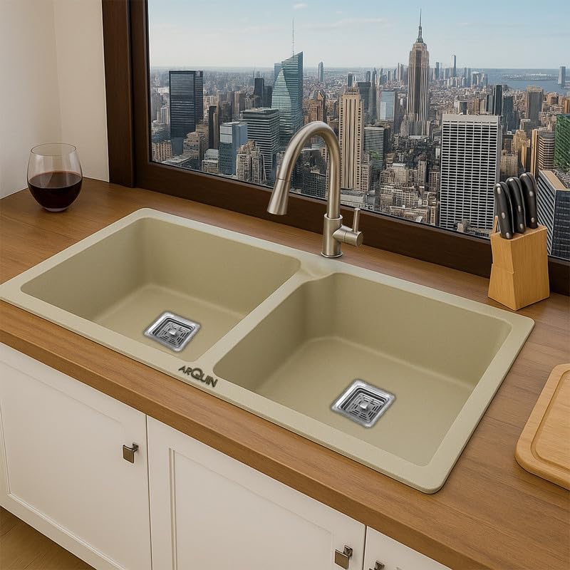 Image of ARQUIN Double Bowl Quartz Kitchen Sink 45x20x9 Inch Sand Choco | Undermount,Topmount | Including Coupling,Sink Connector,Waste Pipe & Fruit Washing Basket