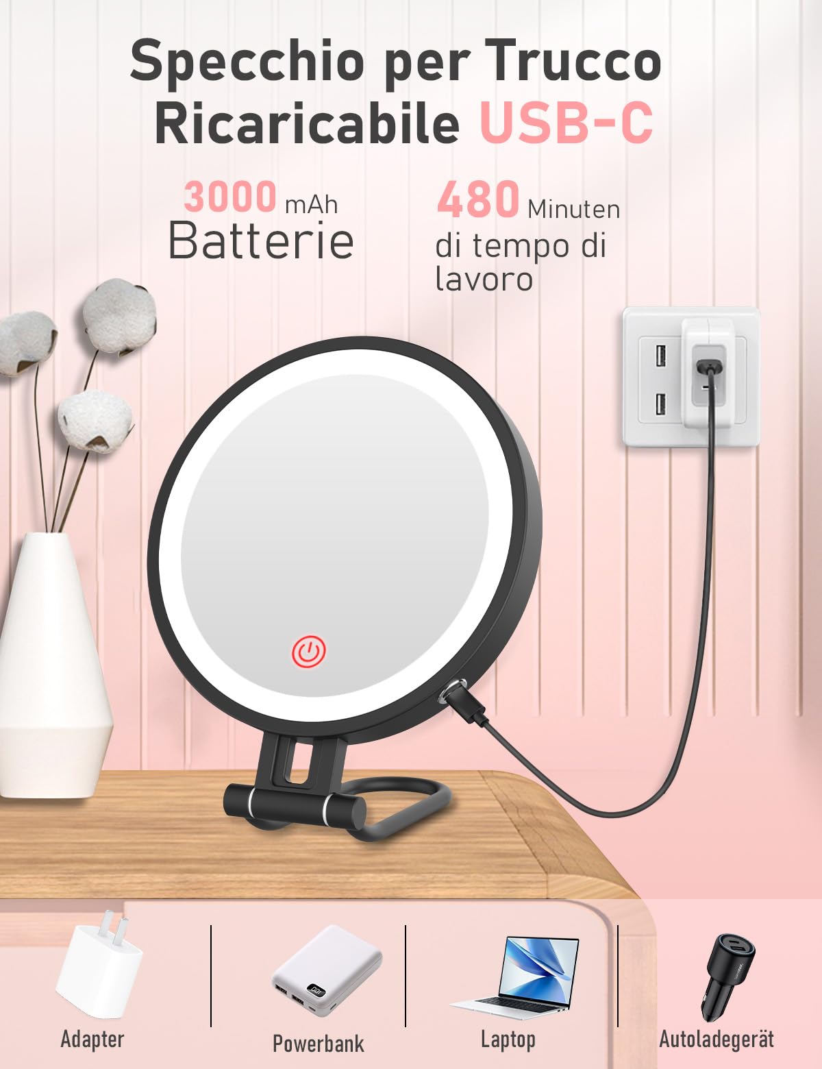 Robofun Specchio Trucco con Luci, 1X/10X Specchio Ingranditore con Luce, 3 Colori di Luce e Luminosità Regolabile dal 20%-100%, 3000mAh Custodia in Metallo Specchio Ingranditore - Nero