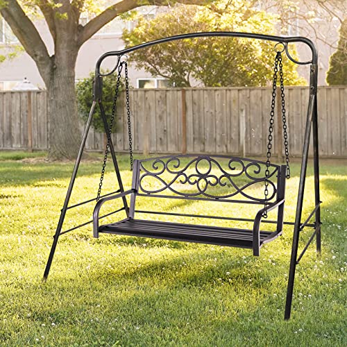 Giantex Metal Porch Swings 2 Person Outdoor Hanging Garden Bench With Sturdy Chains, Wide Seat & Curved Armrests, 485 Lbs Weight Capacity Swing Loveseat For Deck, Backyard Patio Swing Chair (Brown) #TOP5
