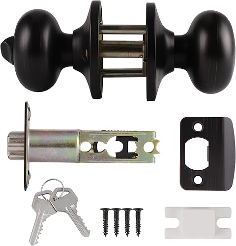 Miniatura 5 de Probrico Pomo de puerta de entrada con llave, pomo de puerta de bronce aceitado con cerradura, pomos redondos de puerta delanteraexterior, perilla