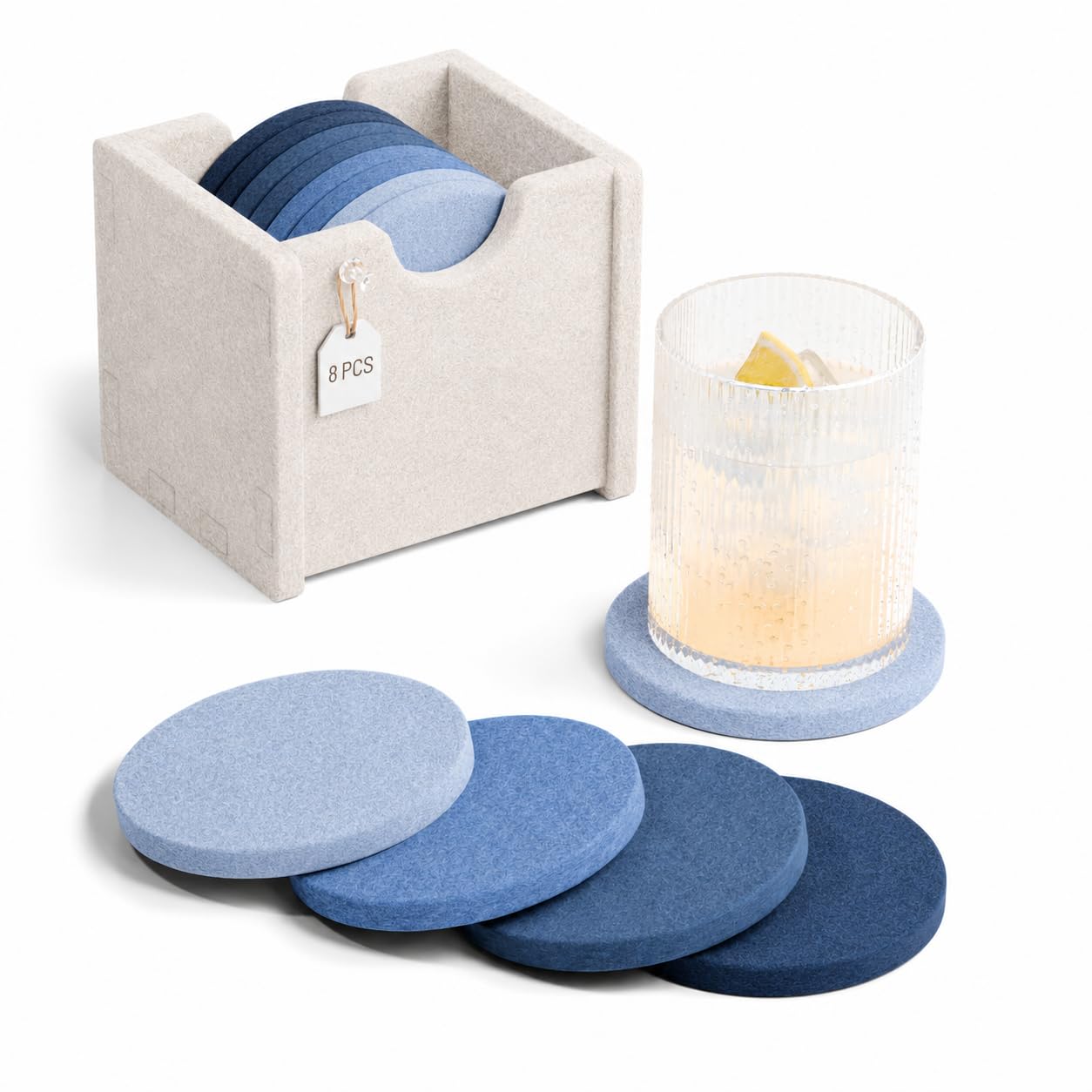Fluxynara Felt Drink Coasters, Set of 8 Absorbent Round Coasters with Holder, Heat-Resistant & Reusable Cup Mats for Coffee Table Decor, Gift for Any Occasion, 10 cm, Denim Mist â image 1