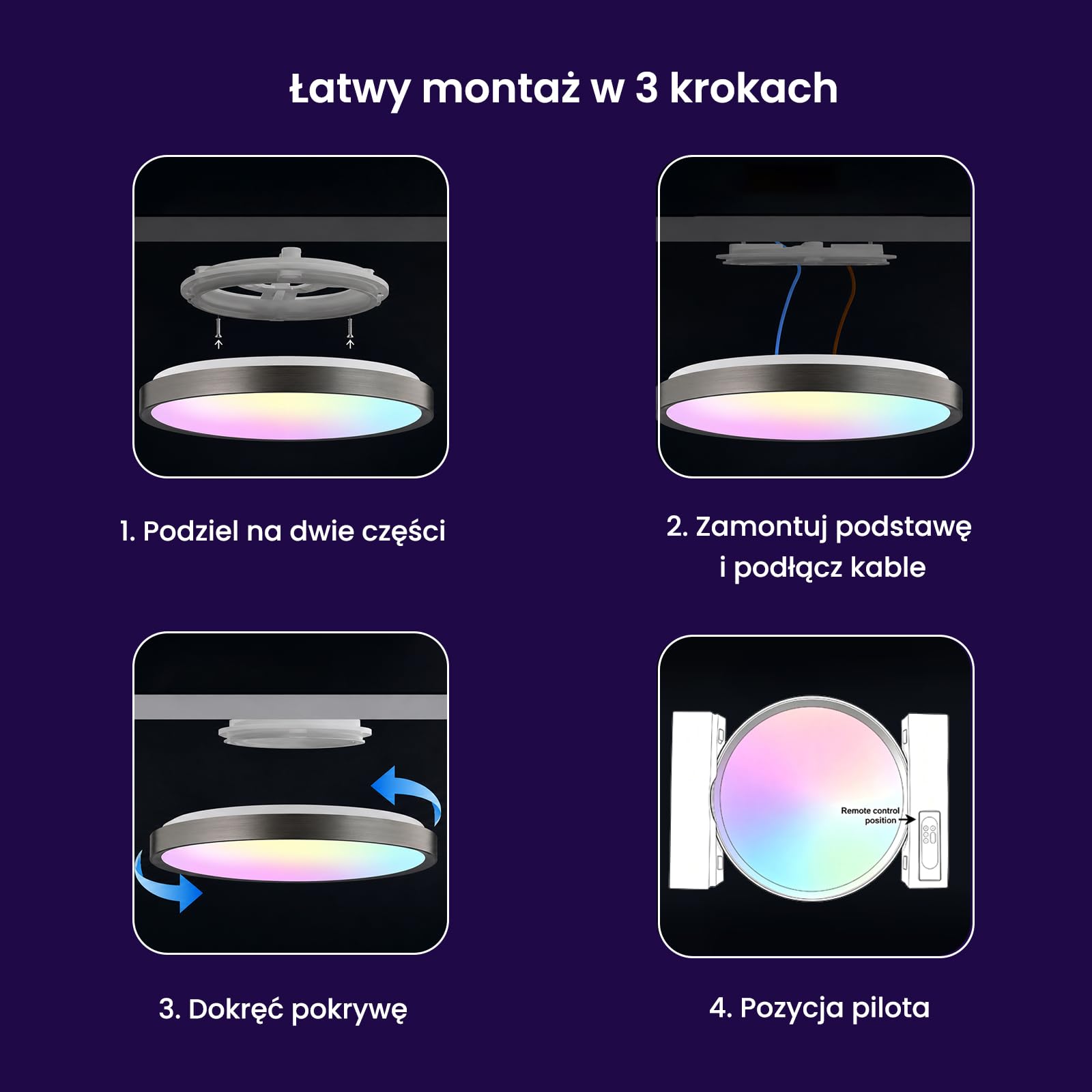 Yeelight Inteligentne oświetlenie sufitowe LED RGB, 50 W, 3000 lumenów, 2700 K-6500 K, możliwość ściemniania, DIY, kompatybilna z Alexą, do salonu, sypialni, kuchni, korytarza, 50 cm