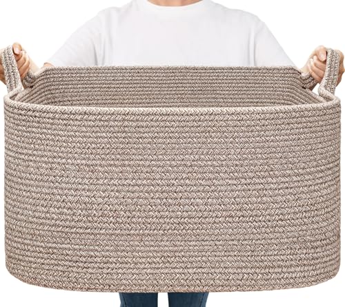 Goodpick Large Woven Storage Basket, 21.6" x 14.9" x 11.8" Blanket Basket for Living Room, Bedroom, Rectangle Rope Storage Organizer for Clothes, Toys, Brown