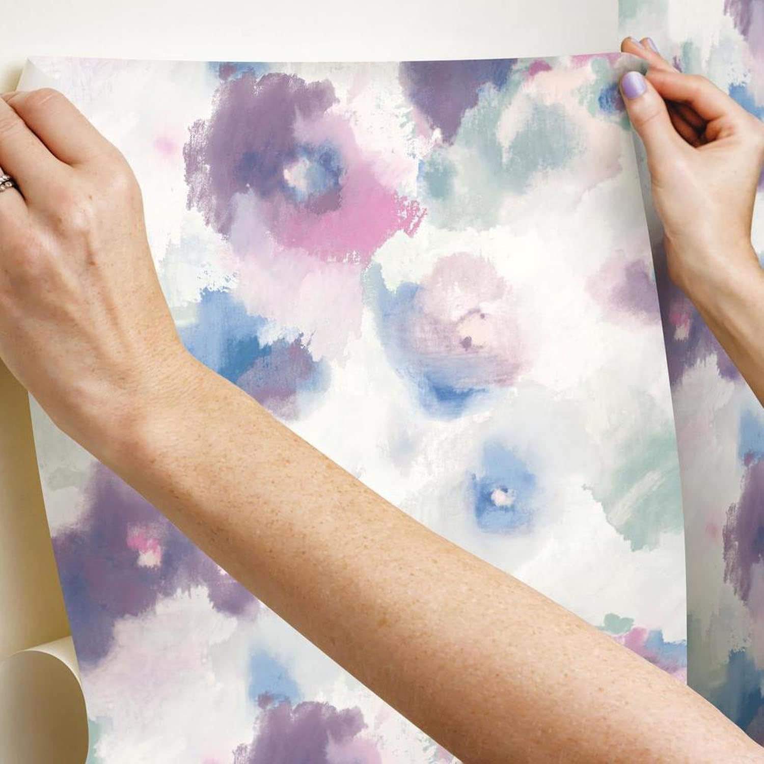 RoomMates RMK11079WP Impressionist Pink and Blue Floral Peel and Stick Wallpaper, 20.5" x 16.6 feet
