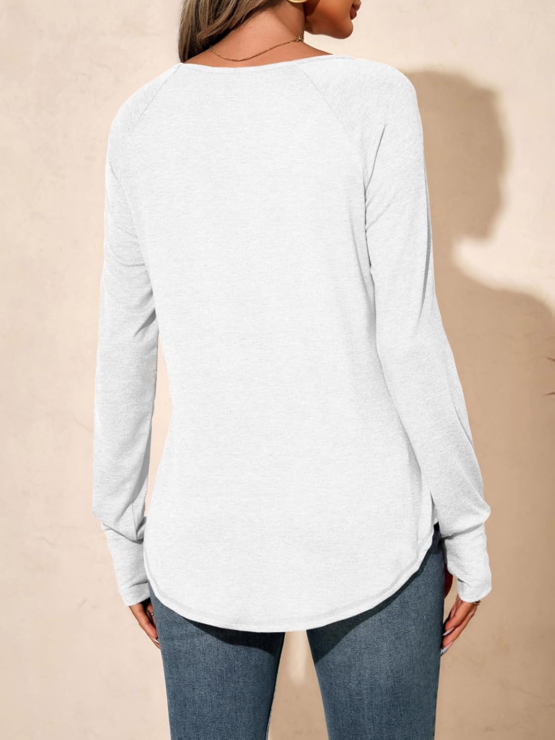 Tankaneo Womens Long Sleeve V Neck Shirts Loose Fit Casual Tunic Tops Curved Hem Criss Cross with Thumb Hole T Shirt - Image 3