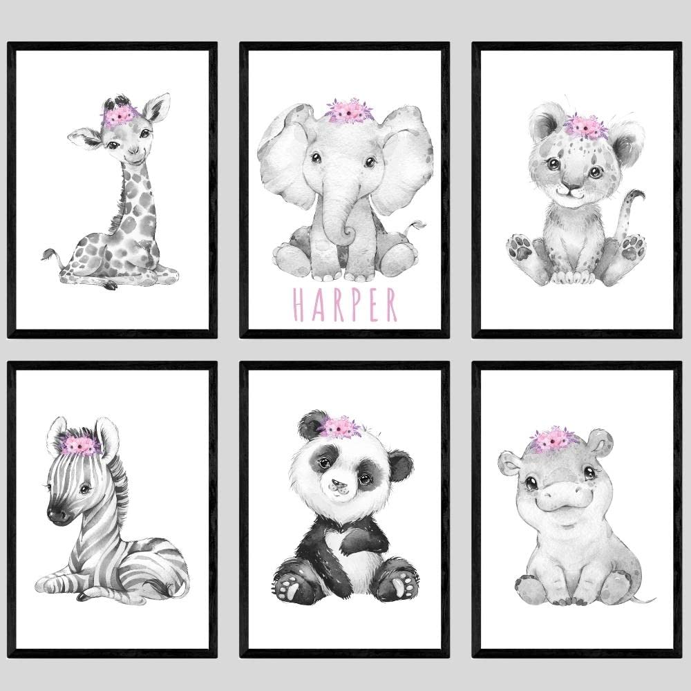 Safari Animals Baby Girls Nursery Prints Unframed Set of 6 with Personalised Name, Bedroom Nursery Wall Art Decor Gift Present in Grey Pink Purple, Giraffe Elephant Lion (A5) — image 1