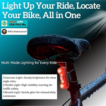 Bike Tail Light with Real-Time Tracking, Compatible with Apple Find My, 100dB Beep, LED Flash