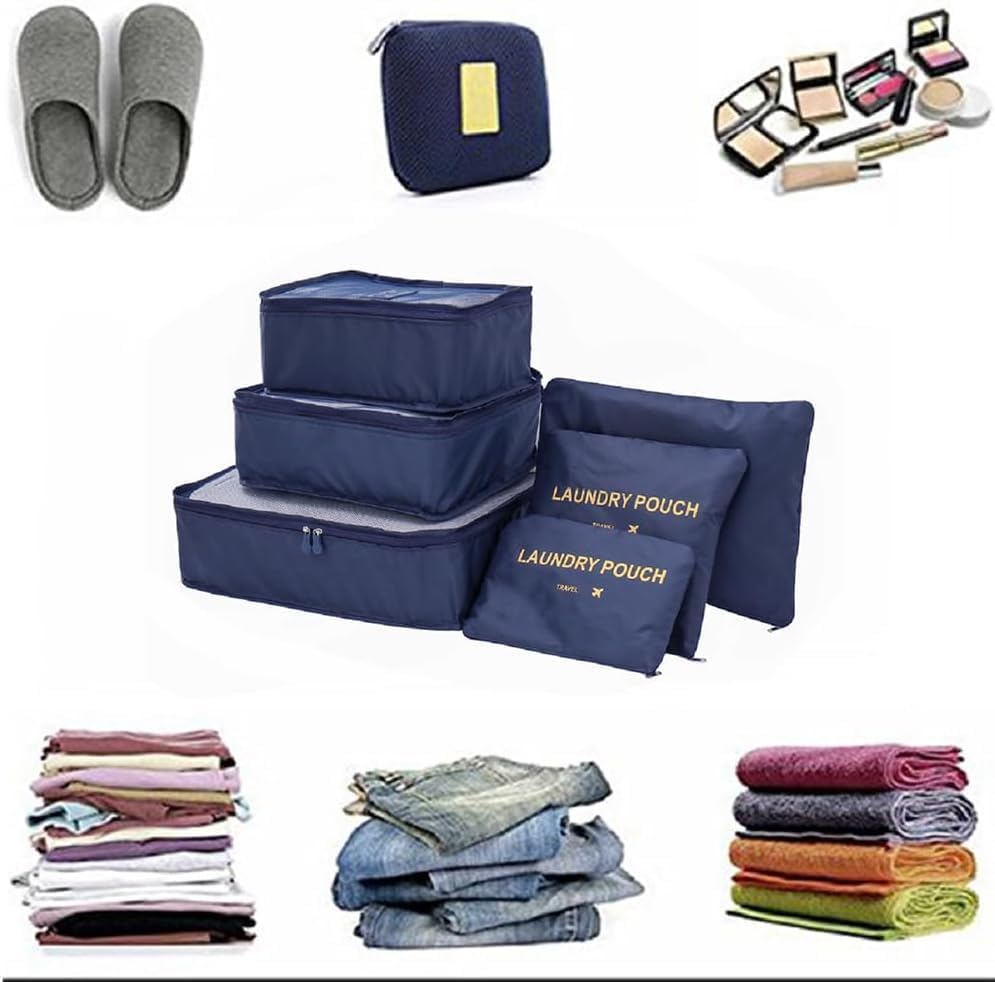 Image of Travel Organizer Pouch Set of 6, Space Saver Packing Cubes for Suitcase, Clothes, Underwear, Socks and Shoes (Dark Blue)