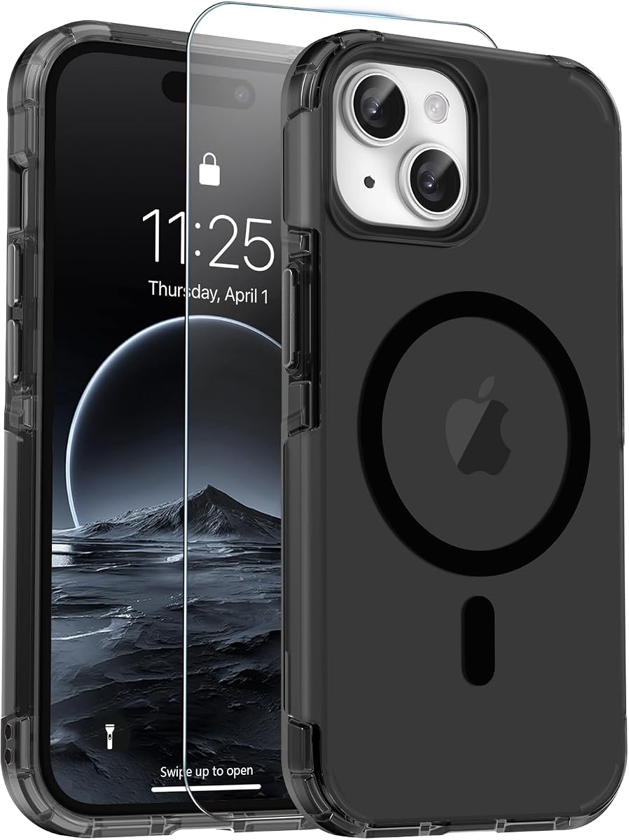 jaroco Magnetic for iPhone 13&14&15 Case with Screen Protector, Heavy Duty Protection, Compatible with MagSafe, Military Grade Drop Protection, Translucent Matte Shockproof Phone Cover, Black