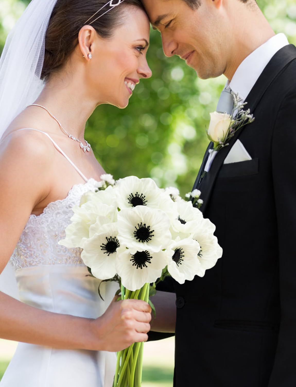 Artificial White Flower, 12 PCS Black and White Flowers, 11 Inch Silk Anemone Flower, Stems PU Real Touch Fake Flowers in White with Black Center for Wedding Memorial Day Centerpiece Home Kitchen - Image 4