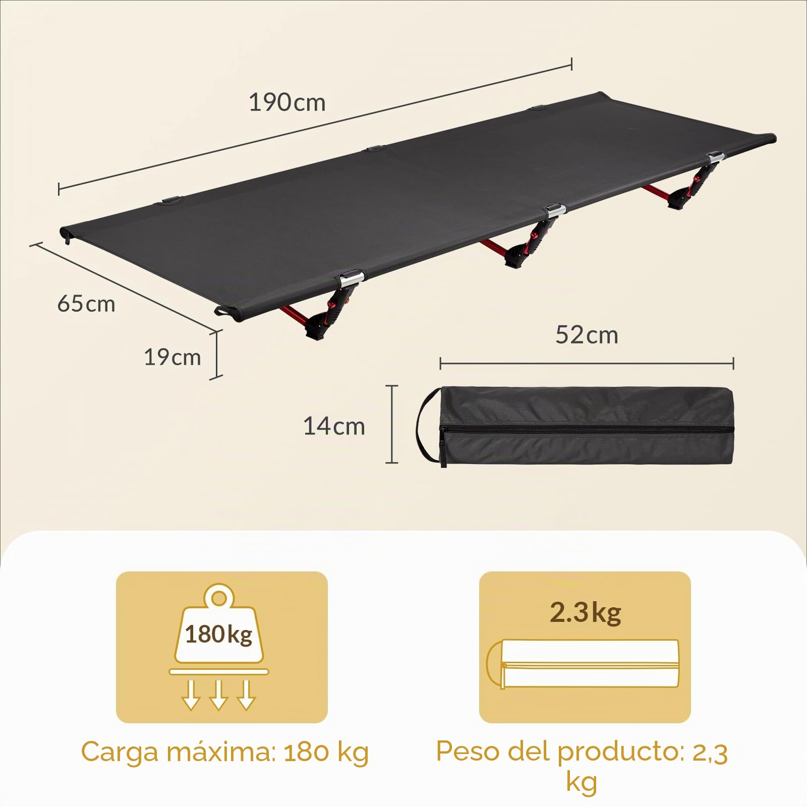 Leogreen Cama Plegable Camping Cama Camping Portátil 190x65x19cm Reforzada