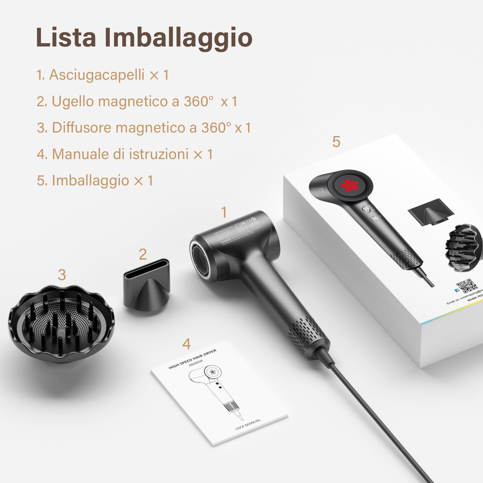 Asciugacapelli Ionico, Phon Capelli Professionale, Phon al Plasma da 400 Milioni con Diffusore, Motore brushless da 110.000 giri/min per Asciugatura Rapida, 57dB Rumore Basso per Viaggio e Familiari