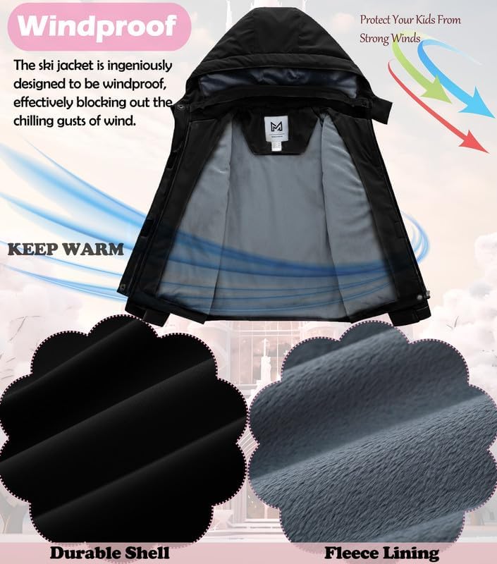KVE Girl's Waterproof Ski Jacket Warm Fleece Winter Jacket Windproof Hooded Snow Coat Mountain Sportswear Outdoor Raincoat - Image 5