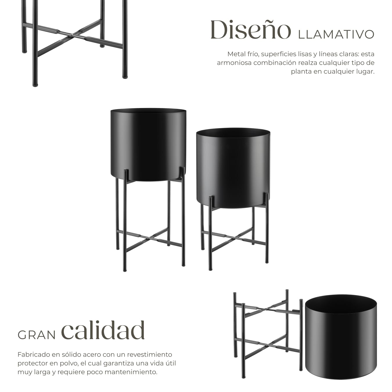 tectake® Maceteros Decorativos Interior, Maceteros Grandes Exterior, Decoracion Hogar, Macetero Alto, Soporte Plantas Interior, Acero con Revestimiento en Polvo - Set de 2 Negro