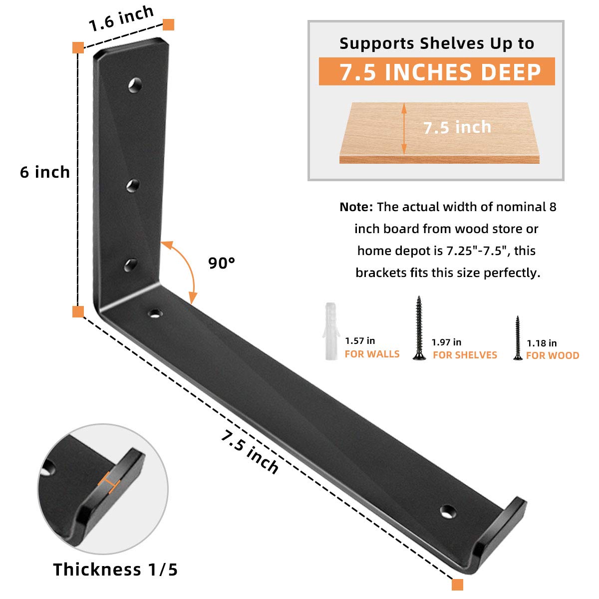 Shelf Brackets 8 Inch 4PCS Heavy Duty Black Wall Bracket with Lip for