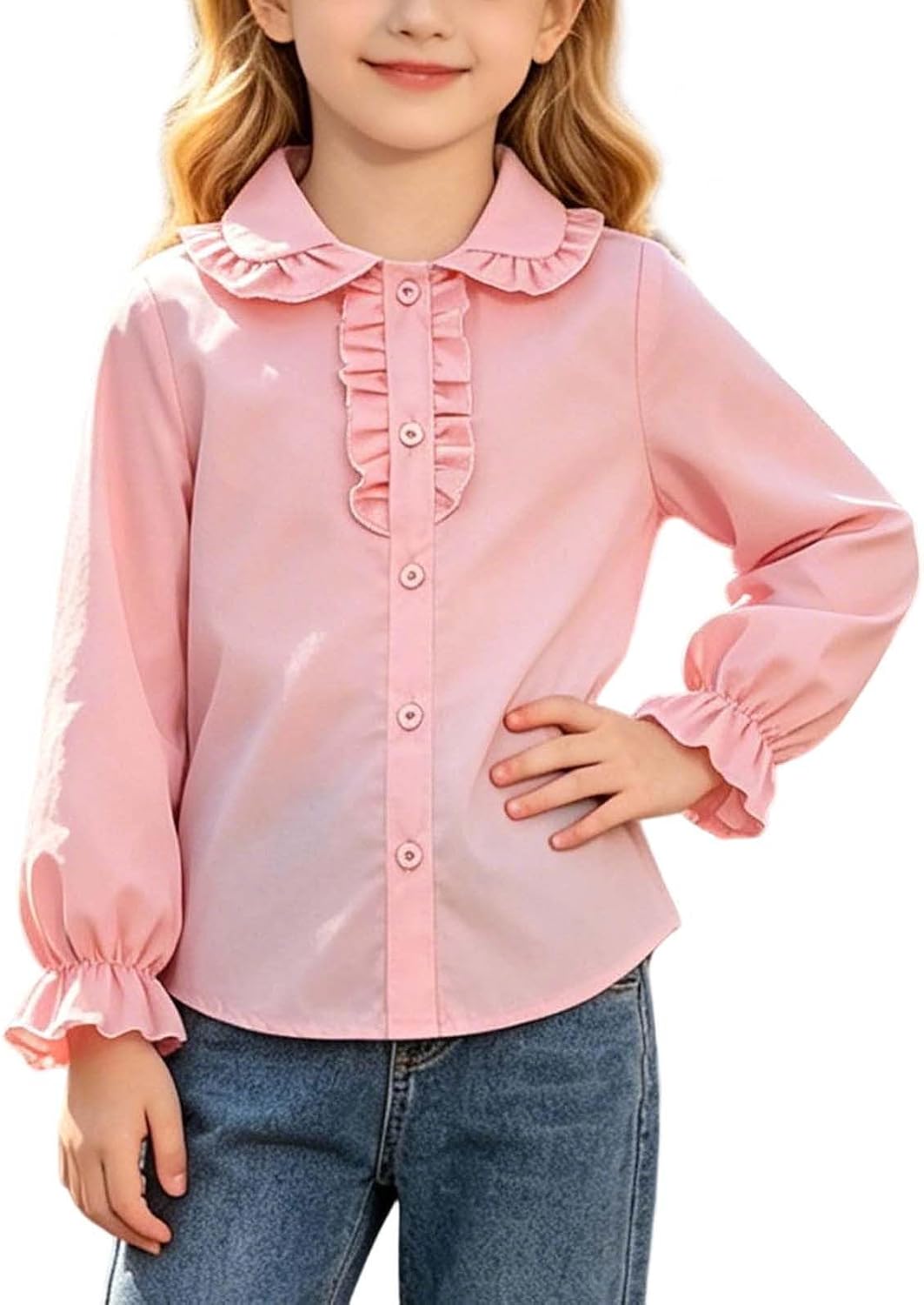 Girls Shirts Puff Long Sleeve Button Down Blouse School Uniform Dress Shirt Tops Cute Peter Pan Collar Shirts