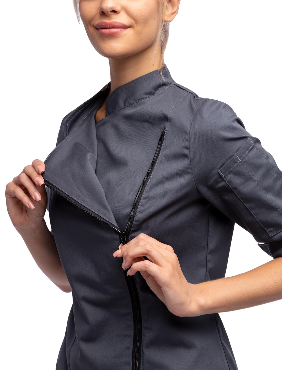 Veste de Cuisine pour Femmes Stretch Uniforme Professionnel de Chef Cuisinier avec Boutons sur Les devants Manches Longs Manches Courts Noirs Blanc Gris Rose