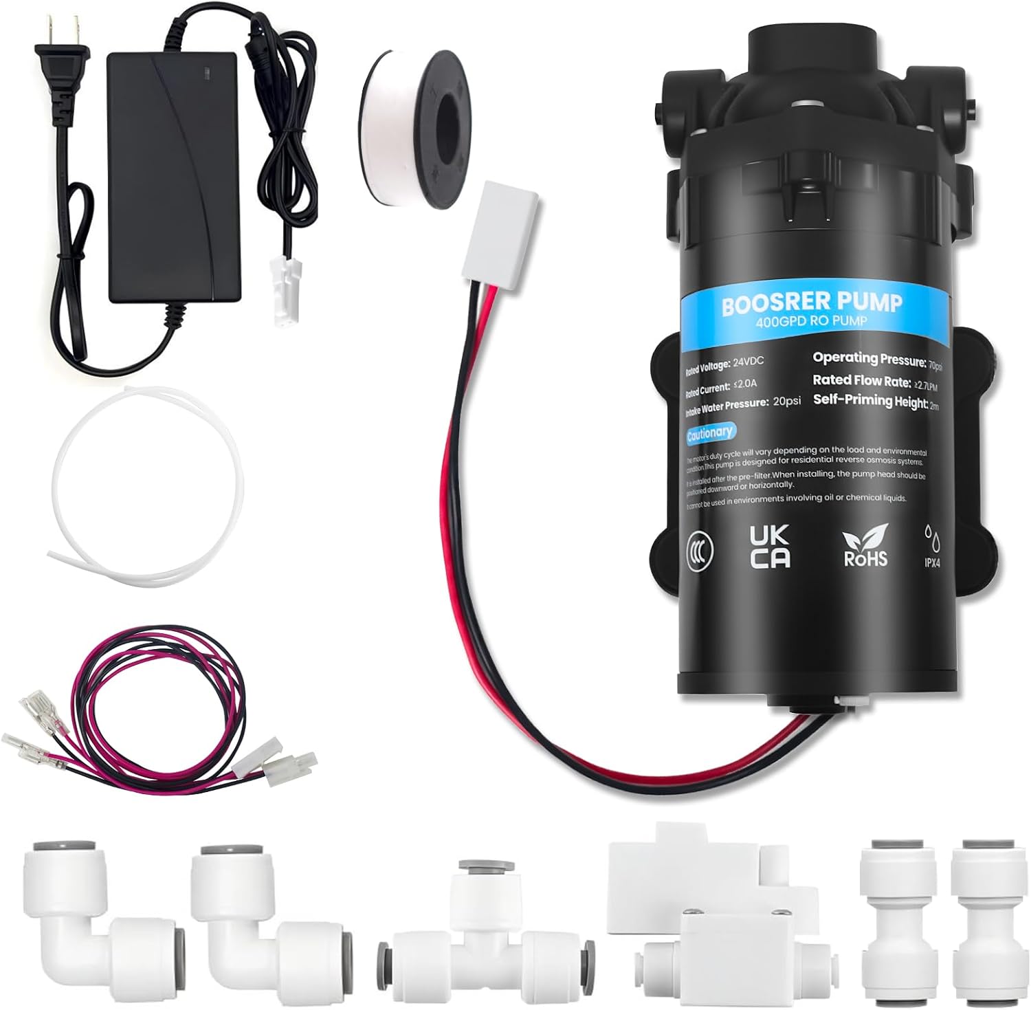 Booster Pump Kit for Water Filter 400 GPD, Suitable for Home RO Reverse Osmosis Water Filter System, Includes Pump, Pressure Switch, Transforme, Quick-Connection