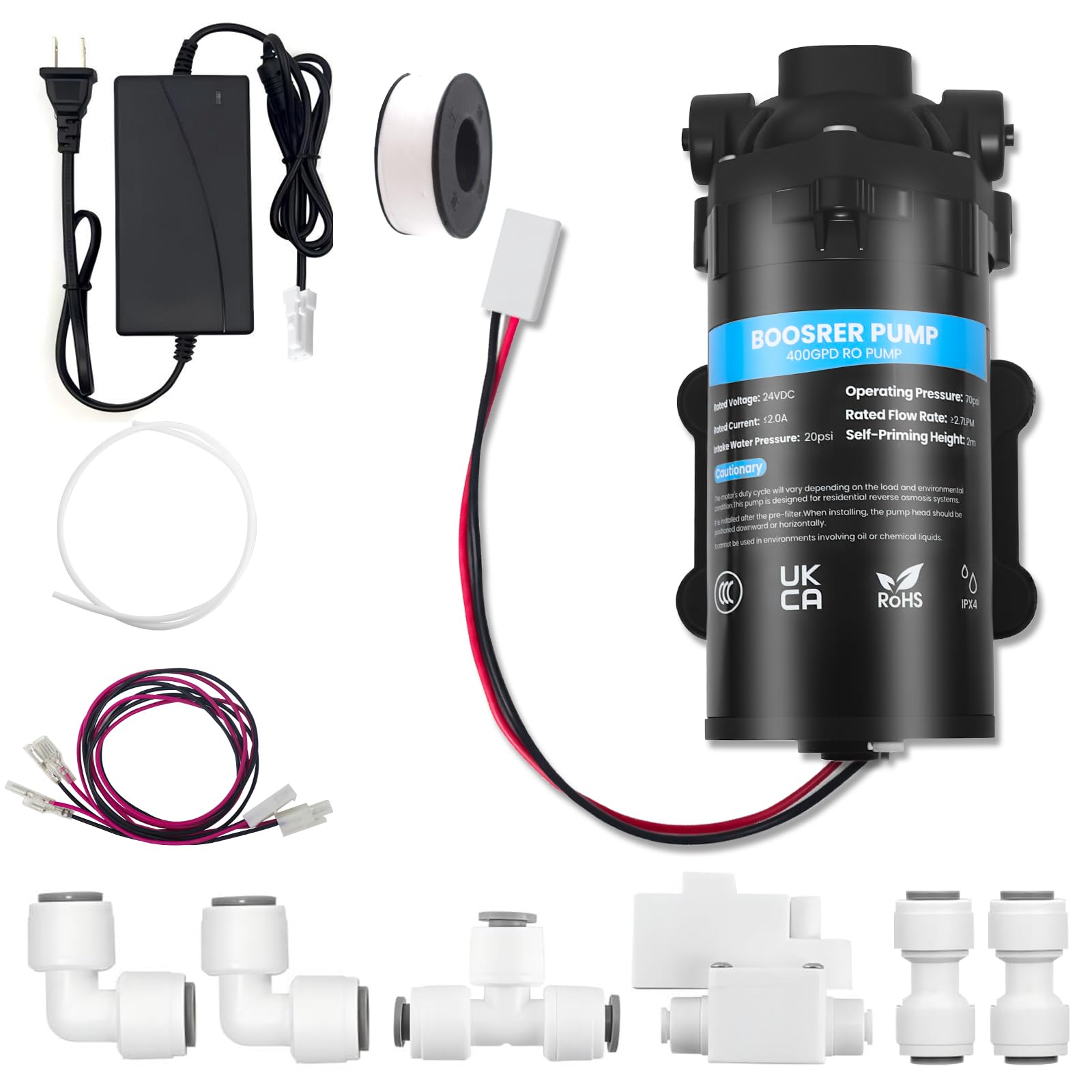 Kit de bomba de refuerzo para filtro de agua de 400 GPD, adecuado para sistema de filtro de agua de ósmosis inversa RO en el hogar, incluye bomba, interruptor de presión, transformación, conexión