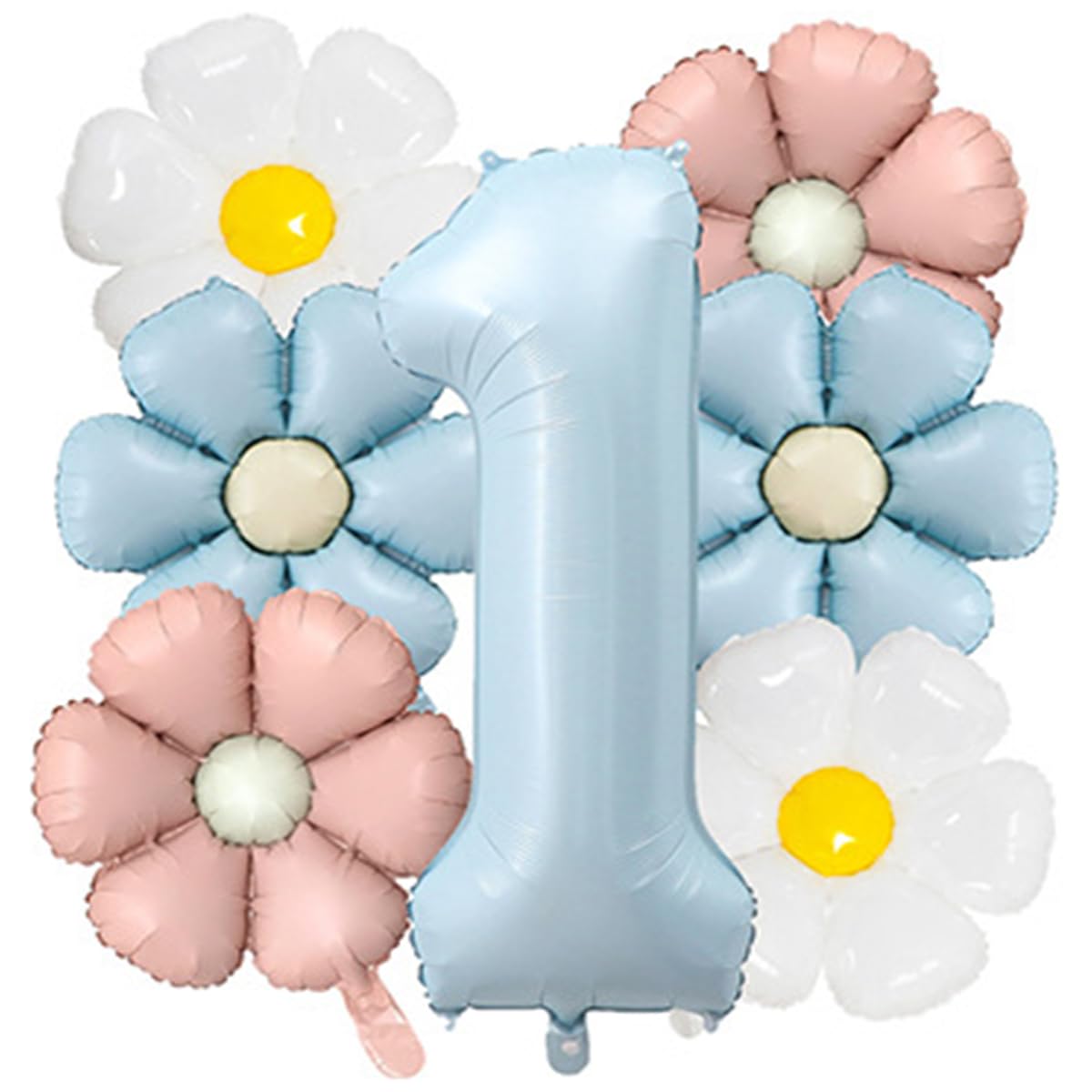 Daisy 1st Birthday Balloon Set,40 Inch Large Mylar Baby Blue Number 1,White Pink Baby Blue Daisy Flower Foil Balloons,Children Shower Party
