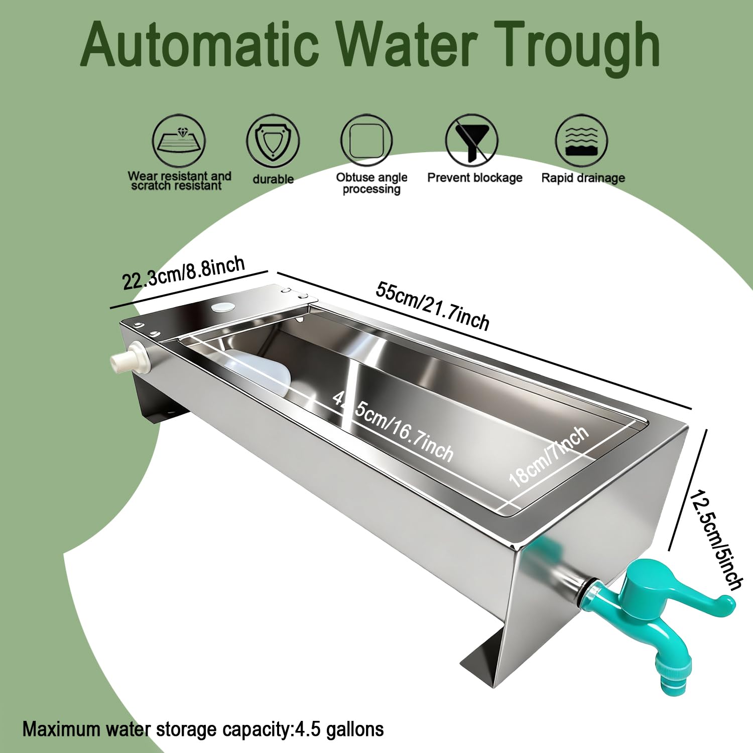 Abbeveratoio automatico per animali in acciaio inox, con valvola galleggiante, per capra, bovini, cavalli, maiali, cani, 56 x 21 x 13 cm (lunghezza x larghezza x altezza), 3 galloni