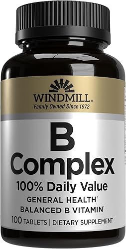 Windmill Natural Vitamins Complejo B (100% valor diario), aumenta la producción de energía y promueve el metabolismo, 100 tabletas, 100 porciones