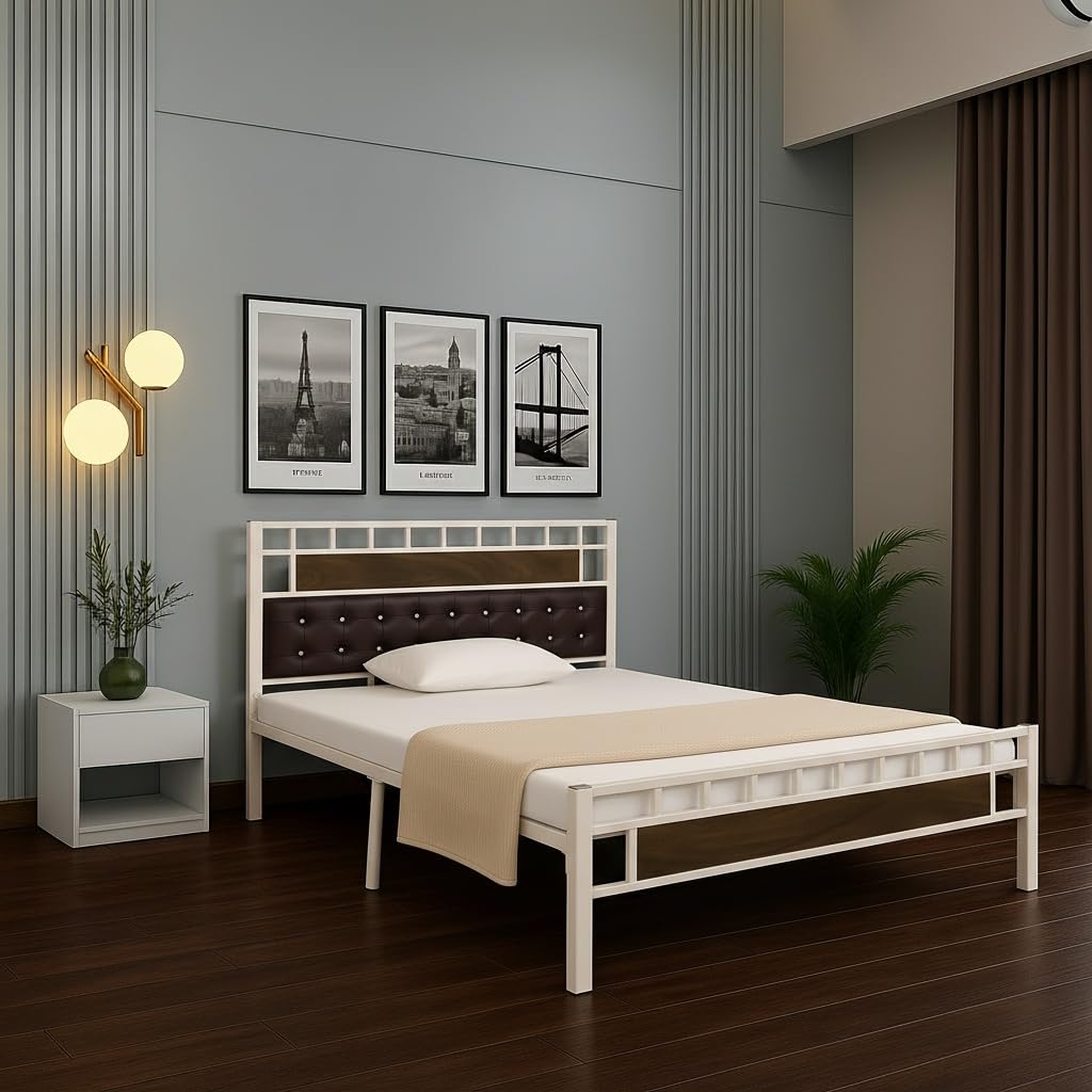 Orvo Metal Queen Size Bed Without Storage | Wrought Iron Double Bed with Headboard & Footboard | Sturdy Powder Coated Platform Bed Queen Size Cot for Bedroom Living Room Ivory (75x60)-image-18