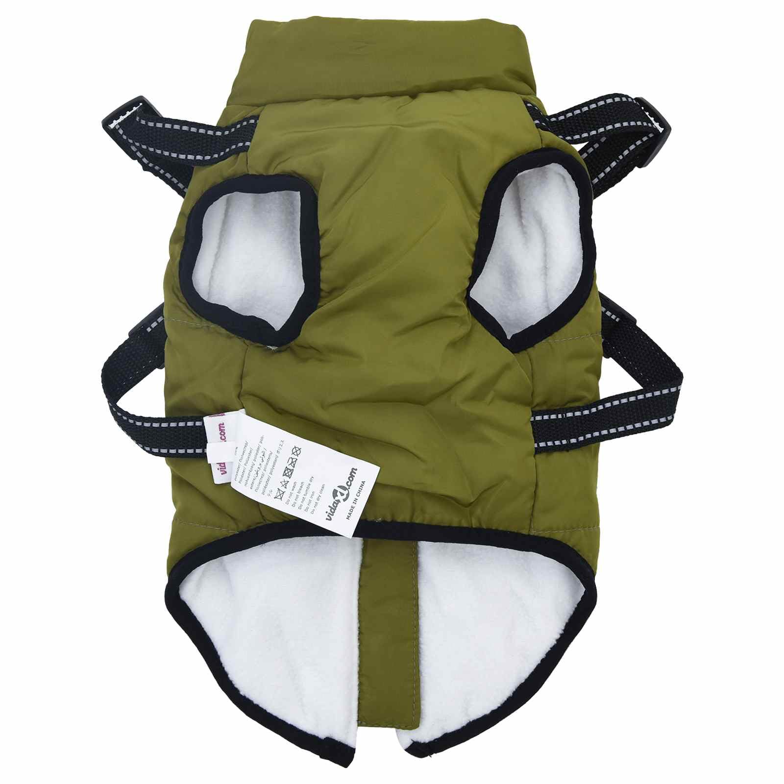 Cappotto per cani con pile e poliestere, antivento, impermeabile, riflettente, per passeggiate all'aperto, adatto per cani da 8 a 12 kg, regolabile, con foro per pettorina, verde oliva L40