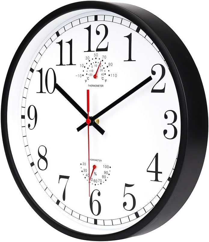 jomparis 12 Inch Wall Clock with Thermometer and Hygrometer Non-Ticking Silent Battery Operated Round Wall Clock for Outdoor Indoor