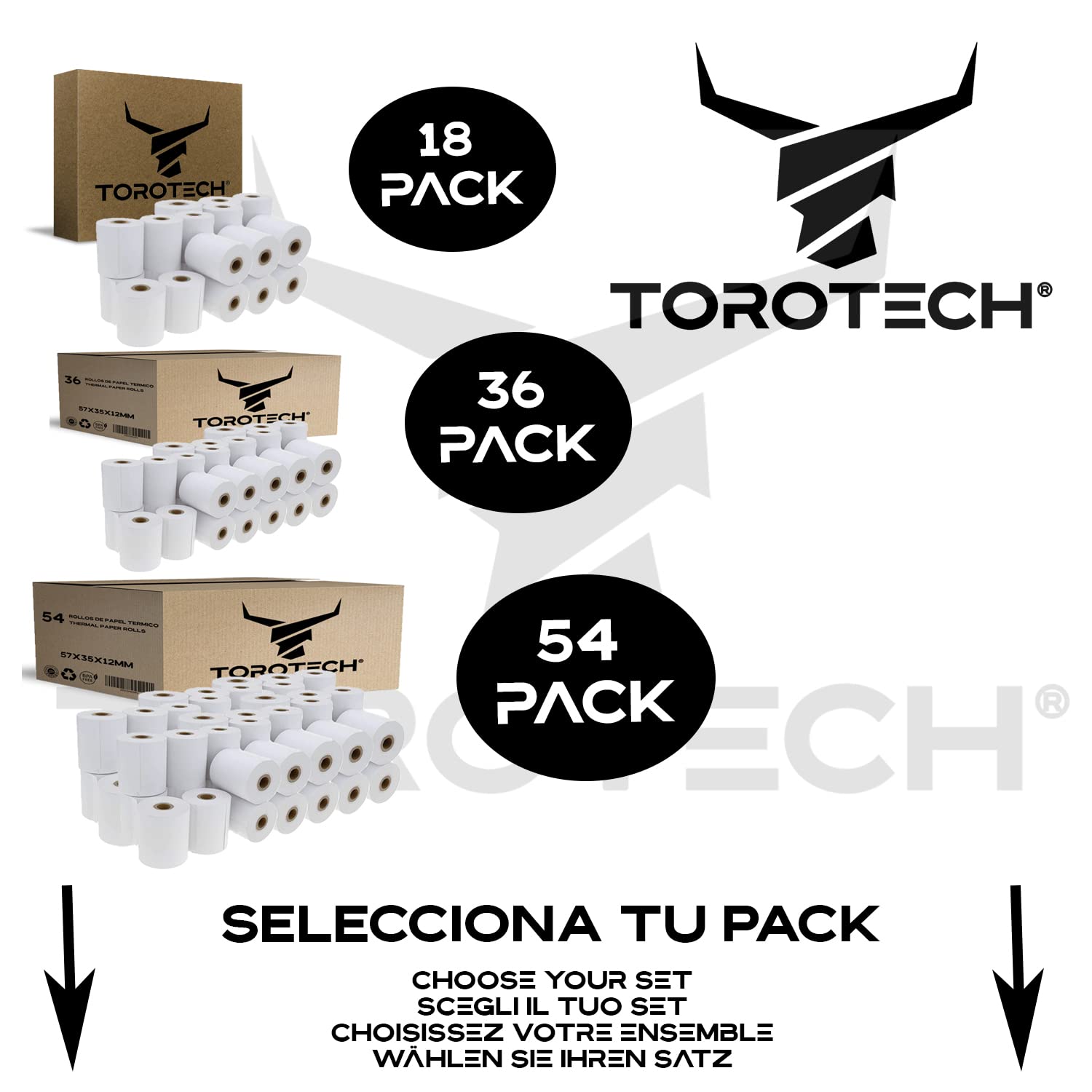 TOROTECH Rollos de Papel Térmico Blanco para Datáfonos 57x35x12mm - 18 Rollos -Ecológicos Sin BPA - Bobinas para Tickets Terminales Tarjetas Crédito Rodillos Impresora POS Alta Durabilidad (18)