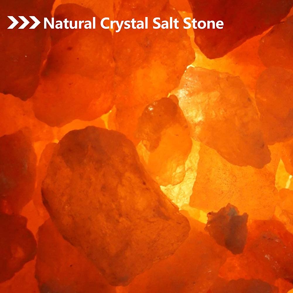 Ejoyous Lámpara de Sal del Himalaya con Base de Madera, Lámpara de Sal de Cristal de Hierro Forjado, Vintage Lámpara de Noche Marco de Piedra de Sal de Cristal Natural Lámpara(Negro)