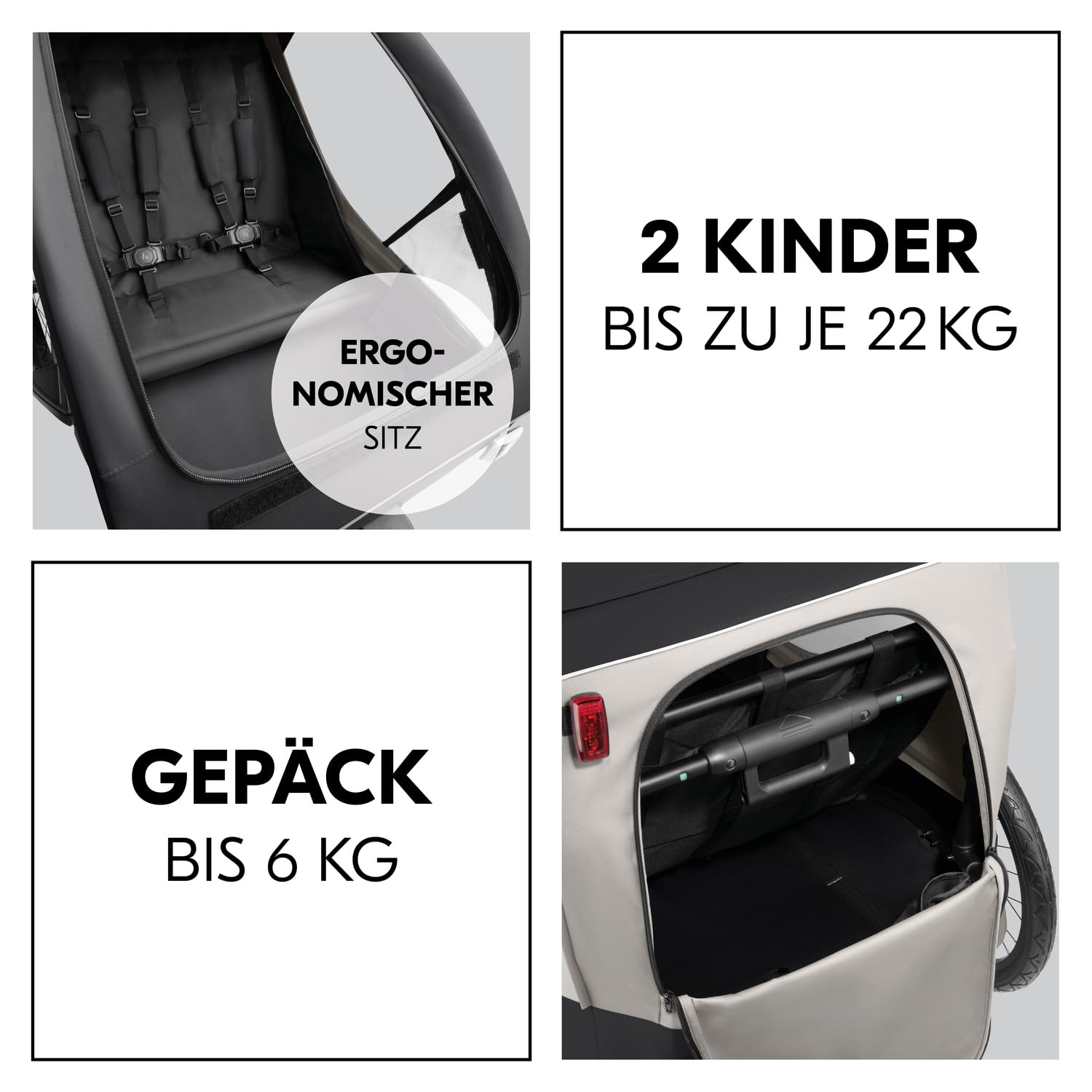 Hauck Dryk Duo Plus - Remolque de bicicleta y cochecito para 2 niños (6-48 meses), incluye protección contra la lluvia, toldo, barra de remolque, rueda de buggy, bandera y luz LED, color negro