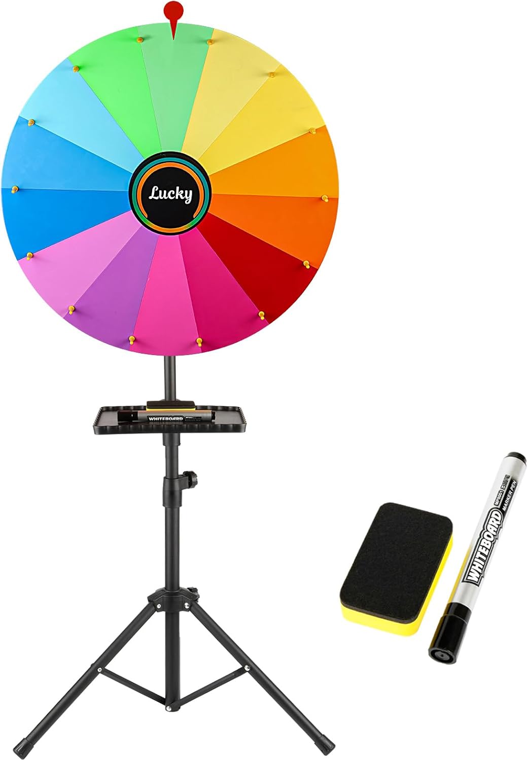 24-inch Spinning Prize Wheel,14 Colors Spinning Doodle Game Spinner with Erasable Marker,Ajustable 37"-65" Floor Standing Storable Wheel of Fortune with Shelf
