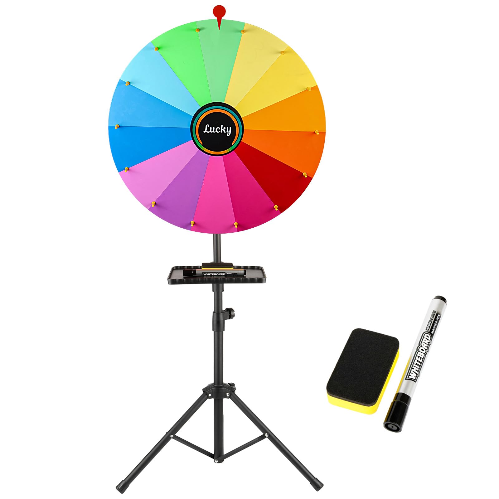 Acrebain 24-inch Spinning Prize Wheel,14 Colors Spinning Doodle Game Spinner with Erasable Marker,Ajustable 37"-65" Floor Standing Storable Wheel of Fortune with Shelf