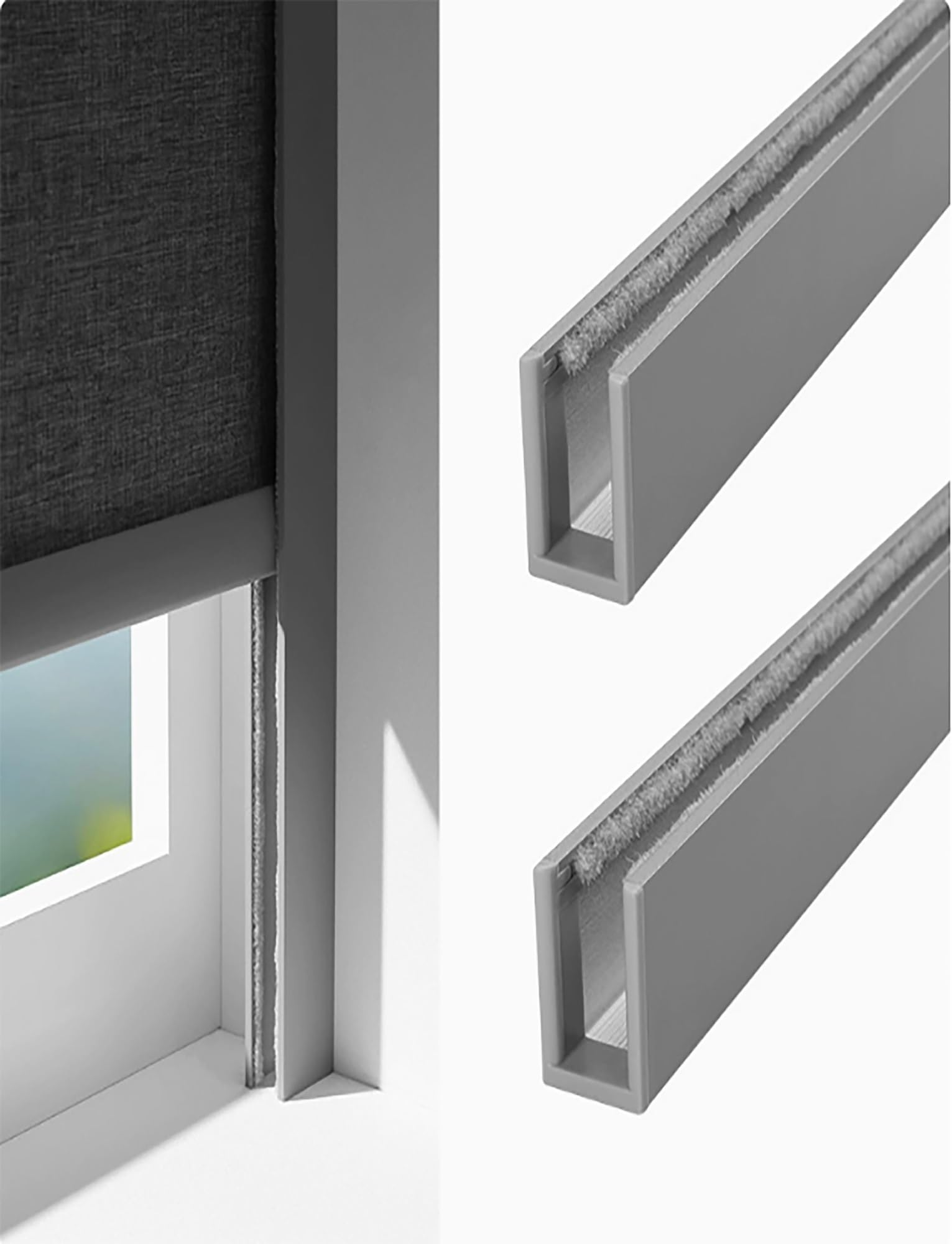 2Pcs Aluminium Alloy Window Light Blocker U Channel Strip,Bedroom Blackout Side Rail Track for Roller Blinds, Blocking Strips for Shades and(Grey,110cm/43.3in)