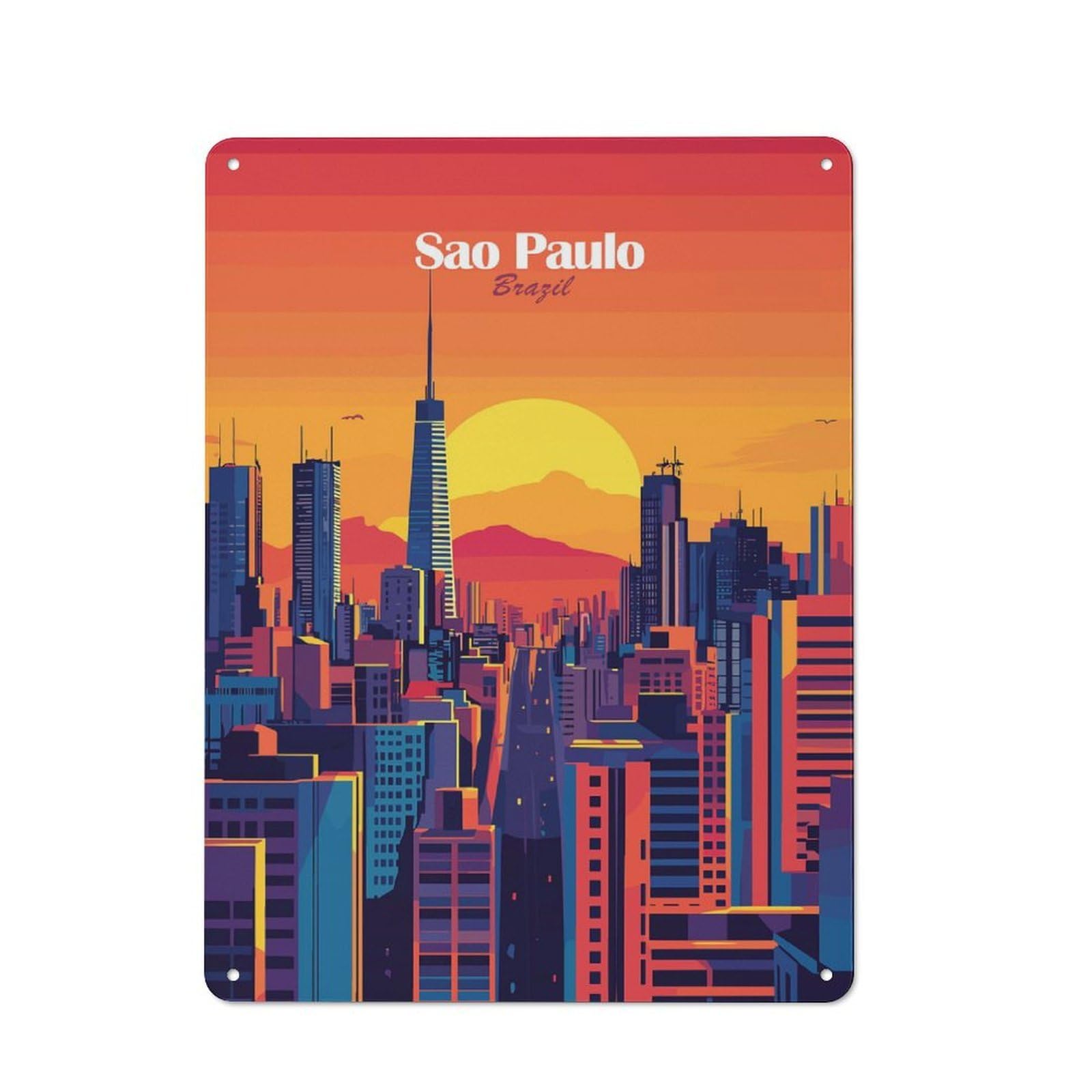Metal Plaque with Sao Paulo Skyline Sunset Design 40x30cm, Retro Kitchen Wall Decor for Bakery, Diner, Cafe Or Family Room