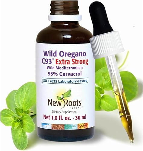 NEW ROOTS HERBAL Gotas de aceite de orégano silvestre  Extra fuerte con 93% de carvacrol (1 onza líquida)  547 porciones, aceite de concentración