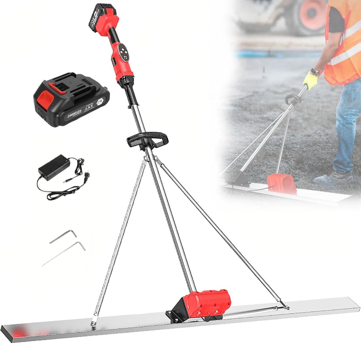 Senodon 1 Battery Cordless Electric Screed Cement Finishing Vibrating Machine, 21V 6000Rpm Concrete Vibrating Tool, With 150/180/200Cm Stainless Steel Board, 7500Mah Battery