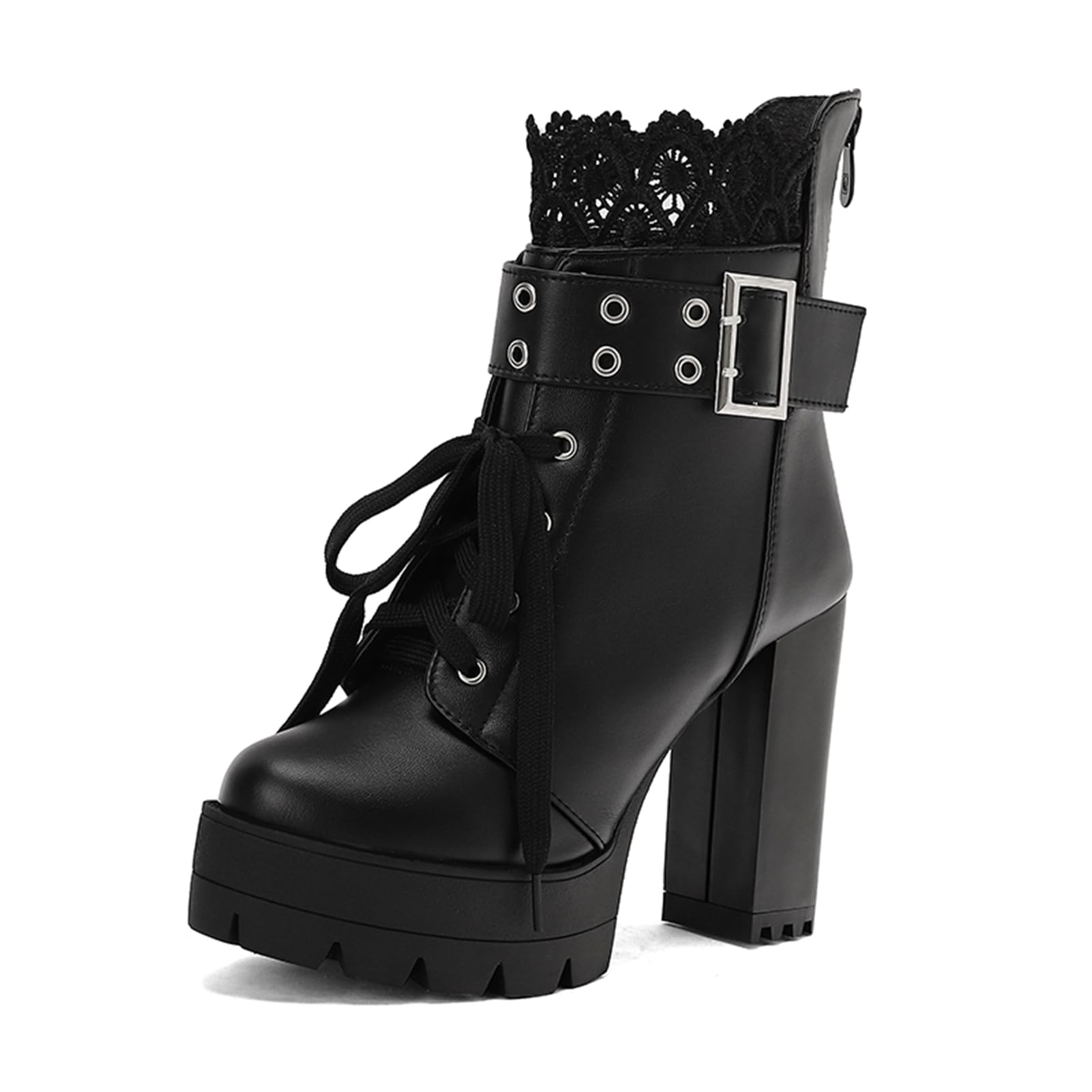 Goth Boots Chunky Heel Boot For Women Ankle Combat Booties Black Platform Bootie Buckle Rivets Punk Goth Shoes
