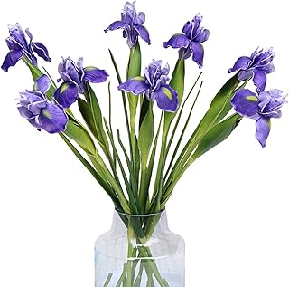 Emivery 6 Pack Artificial Iris Flowers Real Touch Purple Flower Long Stems Silk Iris Wedding Bridal Bouquet Home Kitchen Garden Party Flower Arrangements