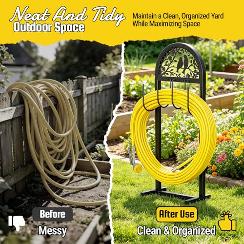 YQSLYSF Garden Hose Holder, Water Hose Stand with 4 Stake, Heavy Duty Metal Hose Hanger Holds 150Ft, Freestanding Hose Storage Rack for Outside,Yard & Lawn Garden(Gold) by YQSLYSF - Used condition - Image 3