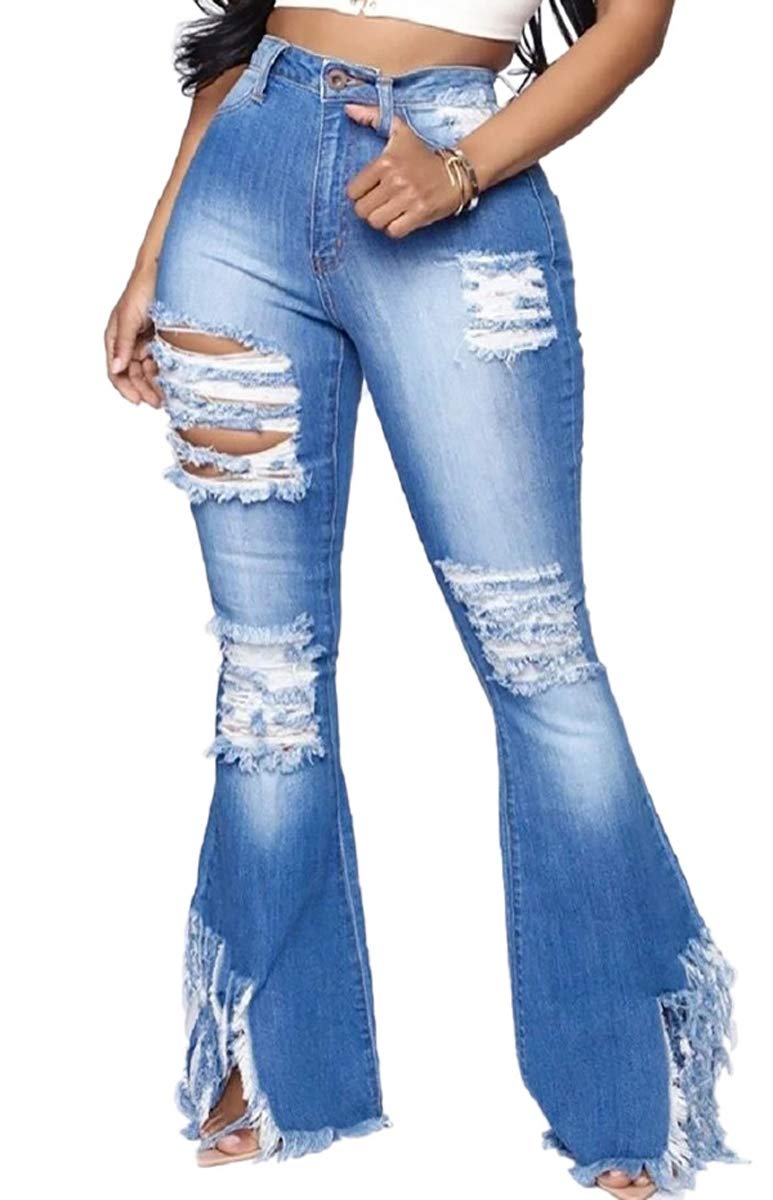 Skinny Ripped Bell Bottom Jeans for Women Classic High Waisted Flared Jean Pants