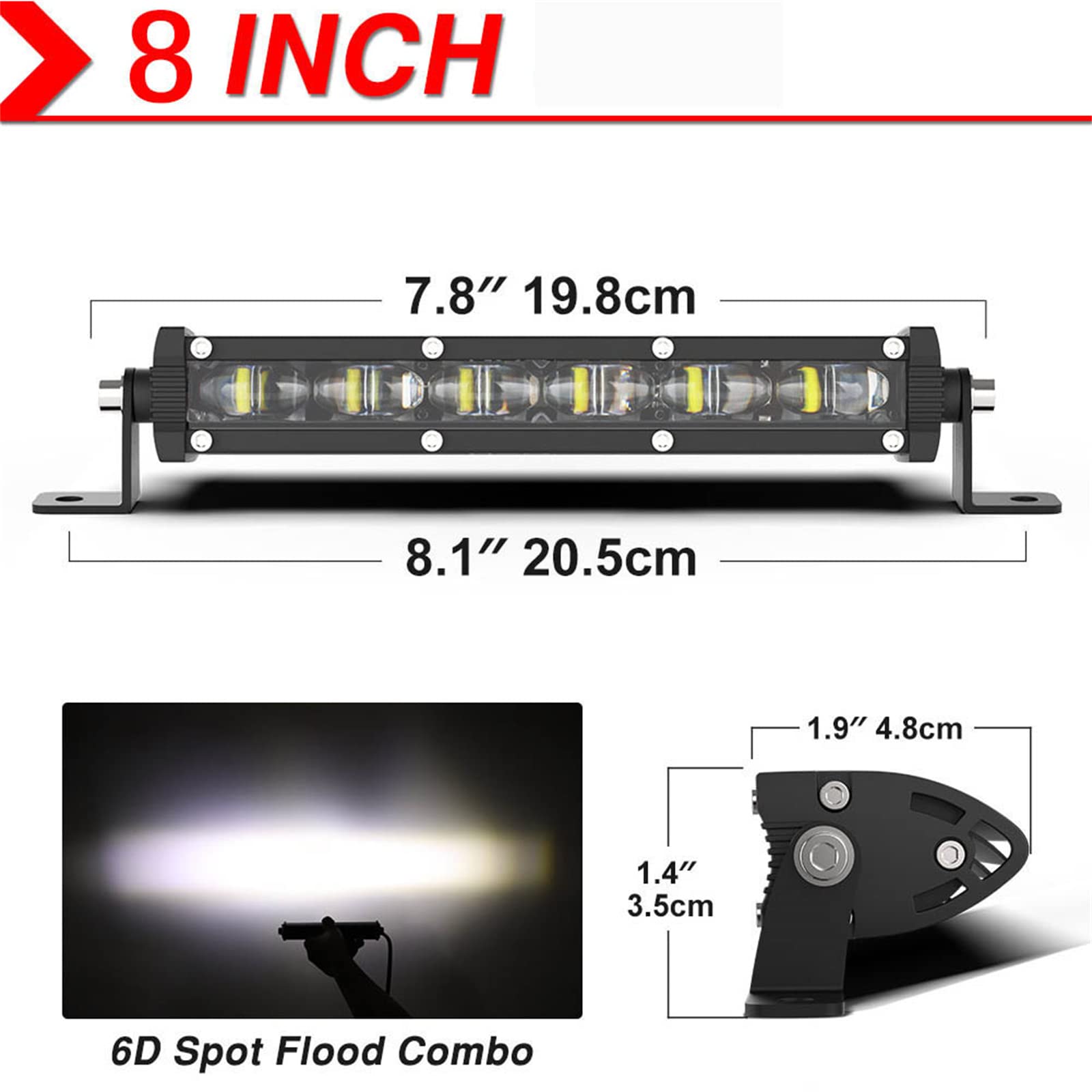 6D Ultra Strip LED Light Bar Driving Fendinebbia Lampada Da Lavoro 4X4 Led Bar Per Moto Fuoristrada SUV ATV Trattore,8inch