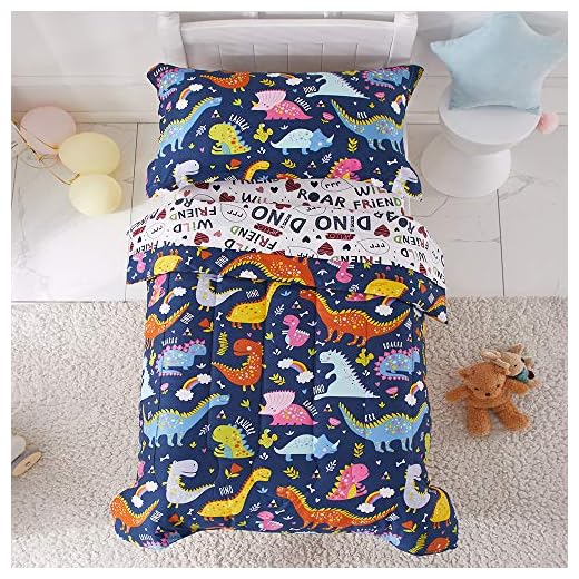 Joyreap 4 Piece Toddler Bedding Set, Standard Size Colorful Dinosaur Printed on Navy, Includes Quilted Comforter, Fitted Sheet, Top Sheet, and Pillow Case for Boys n Girls