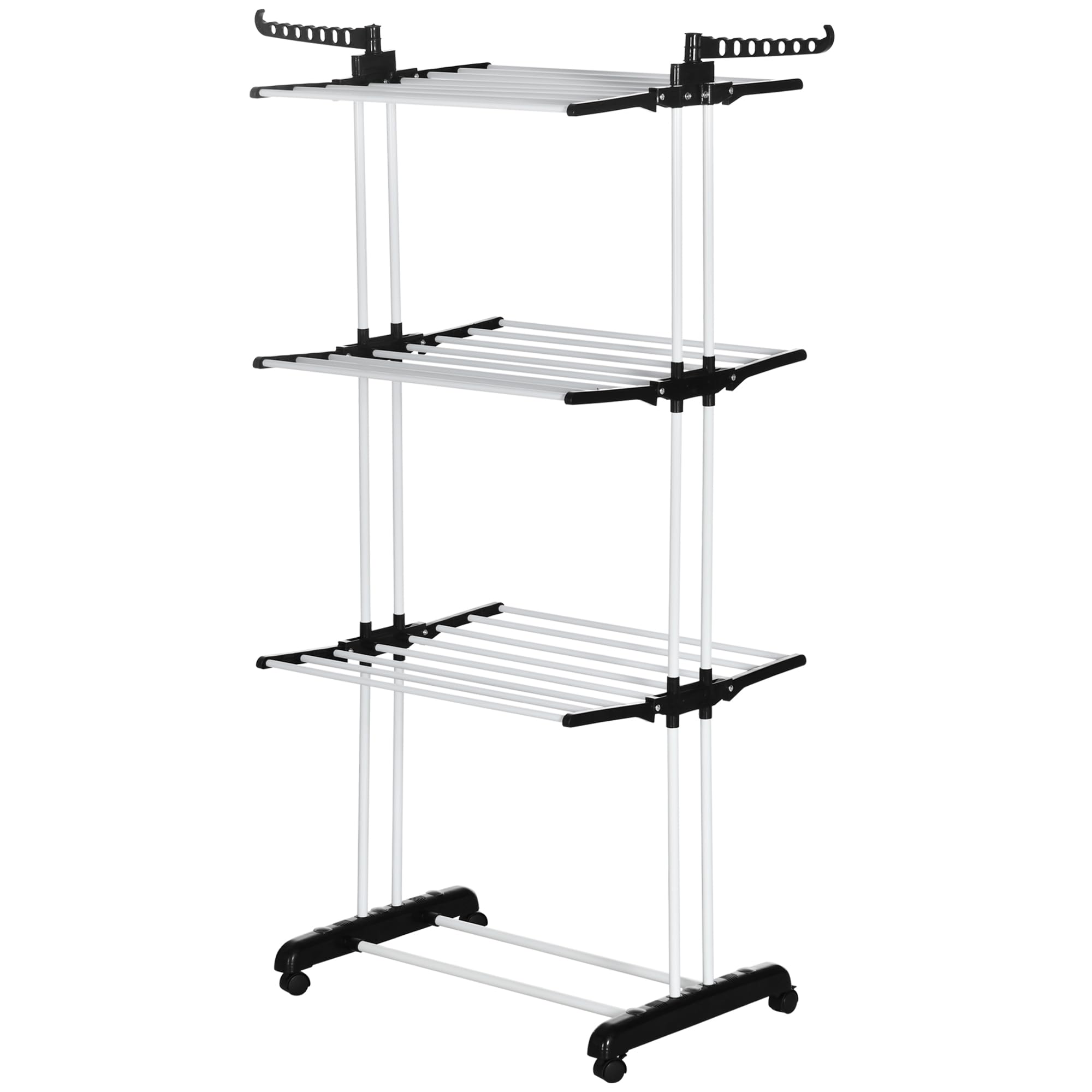 HOMCOM 4-Tier Clothes Airer, Foldable Clothes Horse with Wings and Wheels, Steel Garment Laundry Rack for Indoor and Outdoor Use, Black