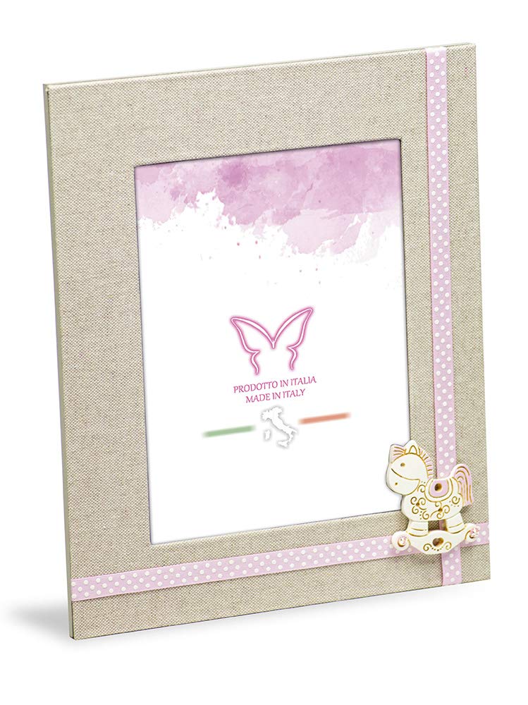 Table Photo Frame for Girls cm 20x23.5 in Linen Fabric with Pink Decorations, Wooden Back Frame, Photo Size cm 13x18. Gift idea.