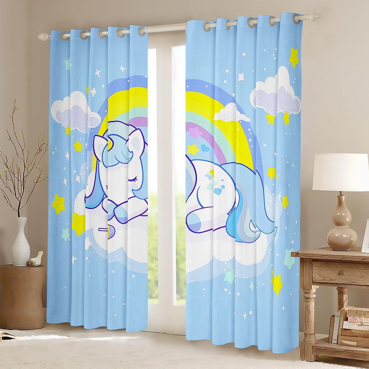 Beau rideau de fenêtre licorne pour chambre à coucher, taille L étoile jaune blanc scintillant nuage arc-en-ciel sucettes impression ombre décoration de la maison cheval bleu mignon rideaux de fenêtre