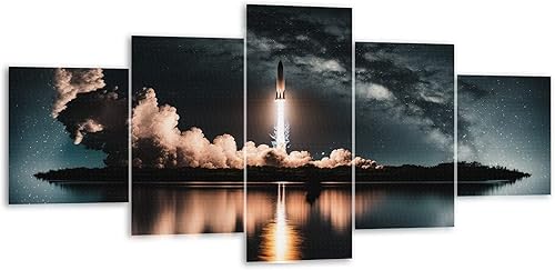 Miniatura 1 de CASINIS Canvas Wall Art Space Shuttle SpaceX Rockets Paintings Astronaut Art Print Poster Living Room Decor Framed Stretched Ready to Hang 5 Panels
