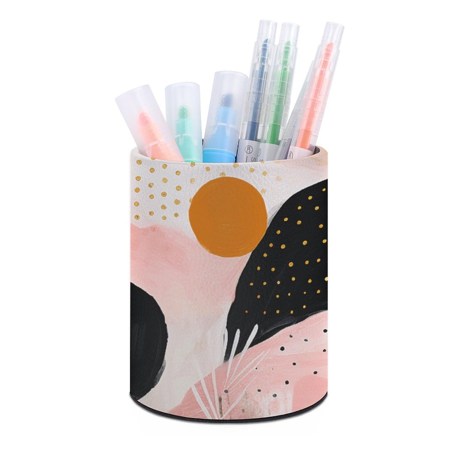 KLOPH PU Leather Pen Holder for Desk, Aesthetic Pencil Cup for Desktop, Makeup Brush Srotage for PenOrganizer Office Supplies, Peach Line Style Pen Cup Pencil Caddy for Home Art Supply