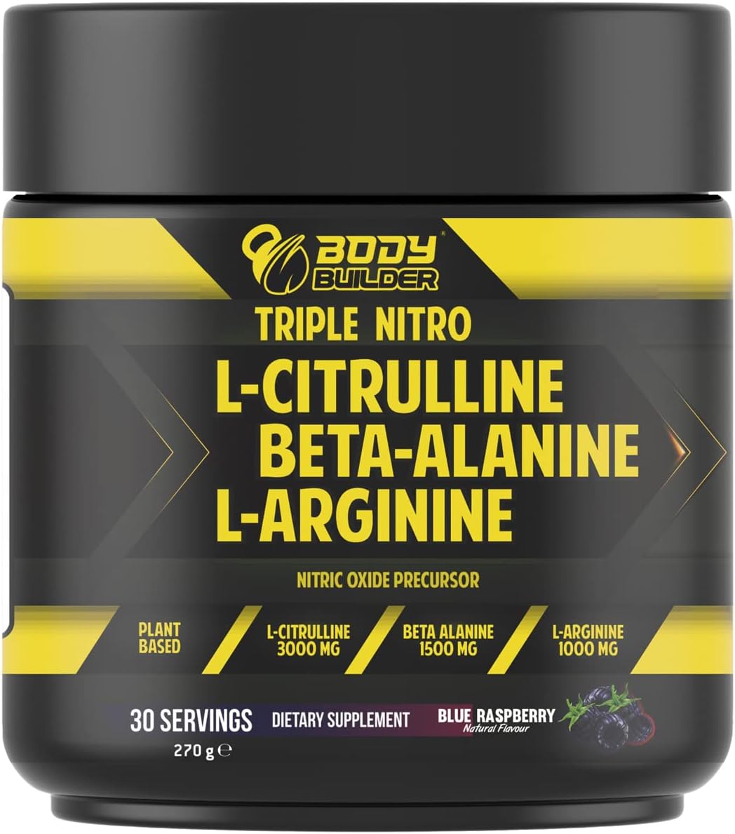 Body Builder Ultimate Nitric Oxide Booster - Triple Nitro with L-Citrulline, Beta-Alanine, L-Arginine - Blue Raspberry Flavor, 30 Servings, 270g